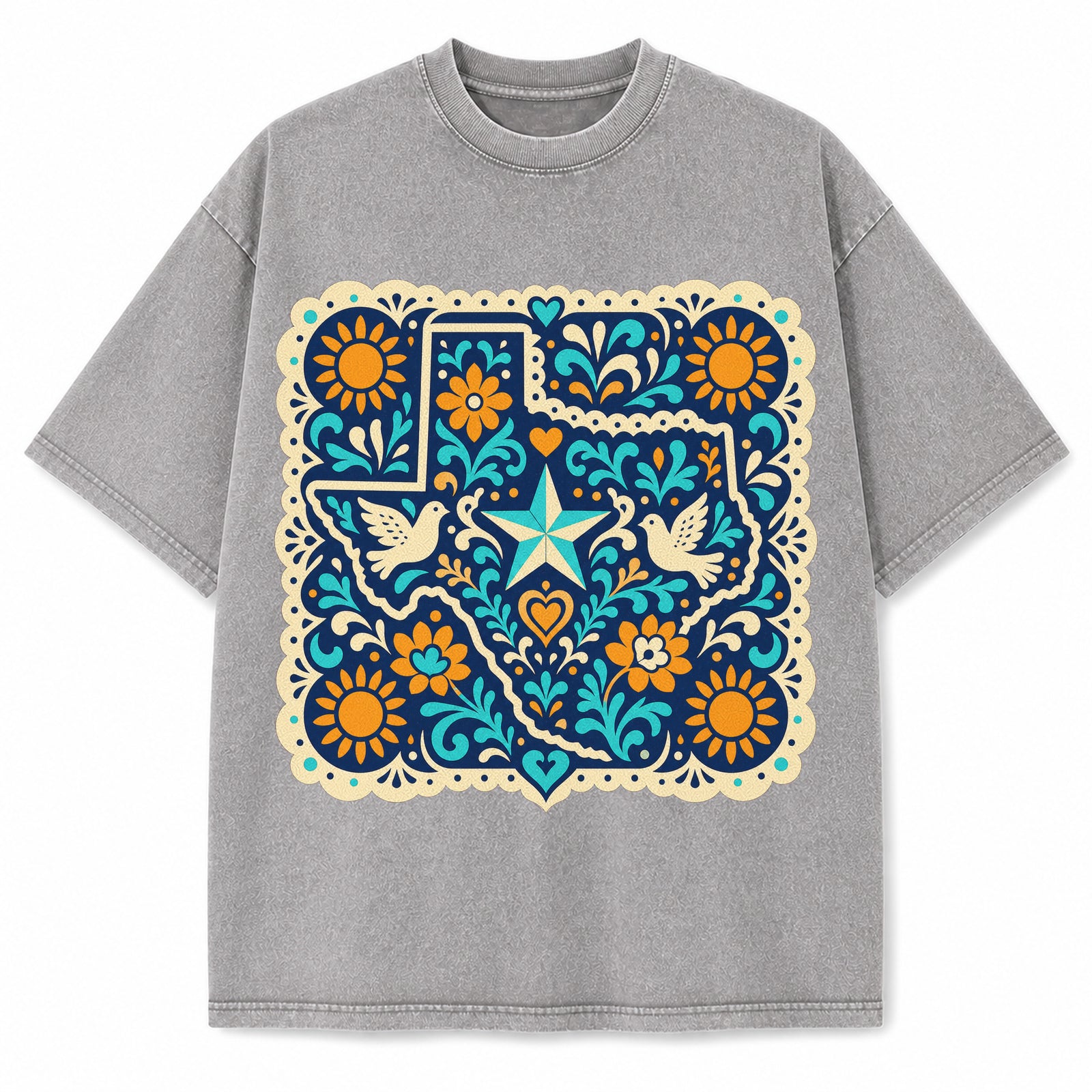 Texas Tejano Cut Paper Ornament Washed Vintage Heavyweight T-Shirt in Light Gray