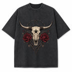 Vintage Washed Texas Gothic Rose Longhorn Heavyweight Graphic Tee in Vintage Washed Heavyweight T-Shirt, Washed Black