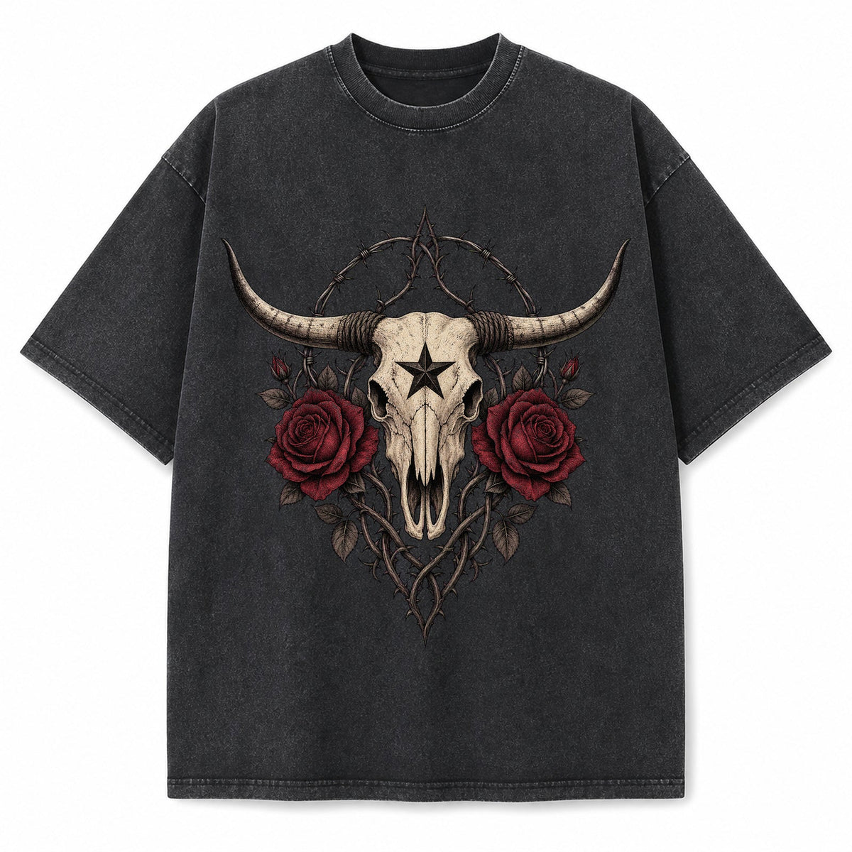 Vintage Washed Texas Gothic Rose Longhorn Heavyweight Graphic Tee in Vintage Washed Heavyweight T-Shirt, Washed Black
