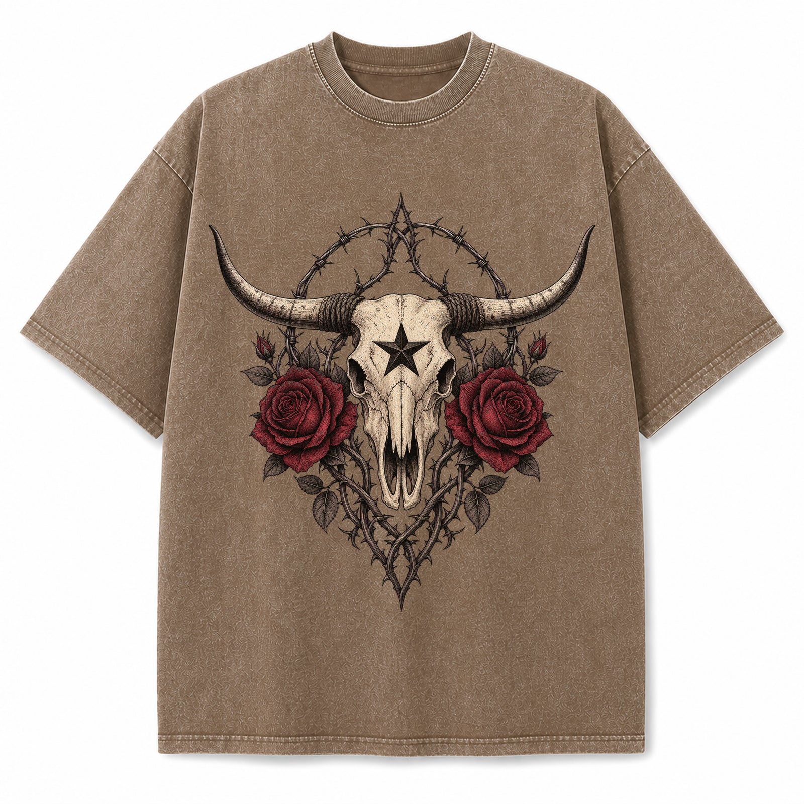 Texas Gothic Rose Longhorn Washed Vintage Heavyweight T-Shirt in Brown