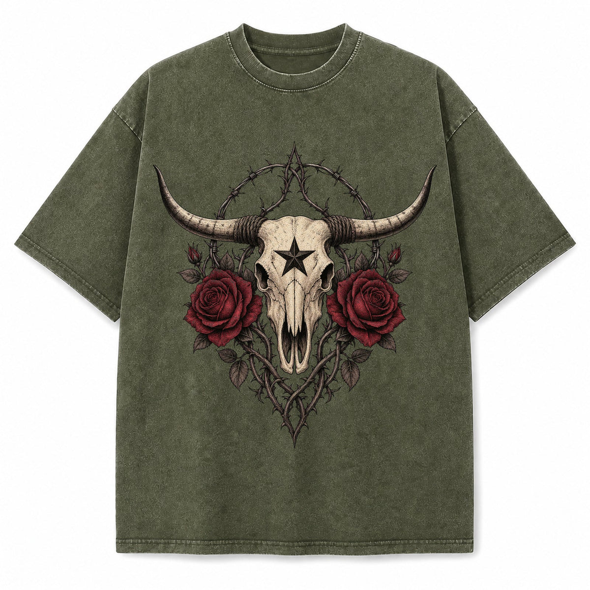 Vintage Washed Texas Gothic Rose Longhorn Heavyweight Graphic Tee in Vintage Washed Heavyweight T-Shirt, Olive Green