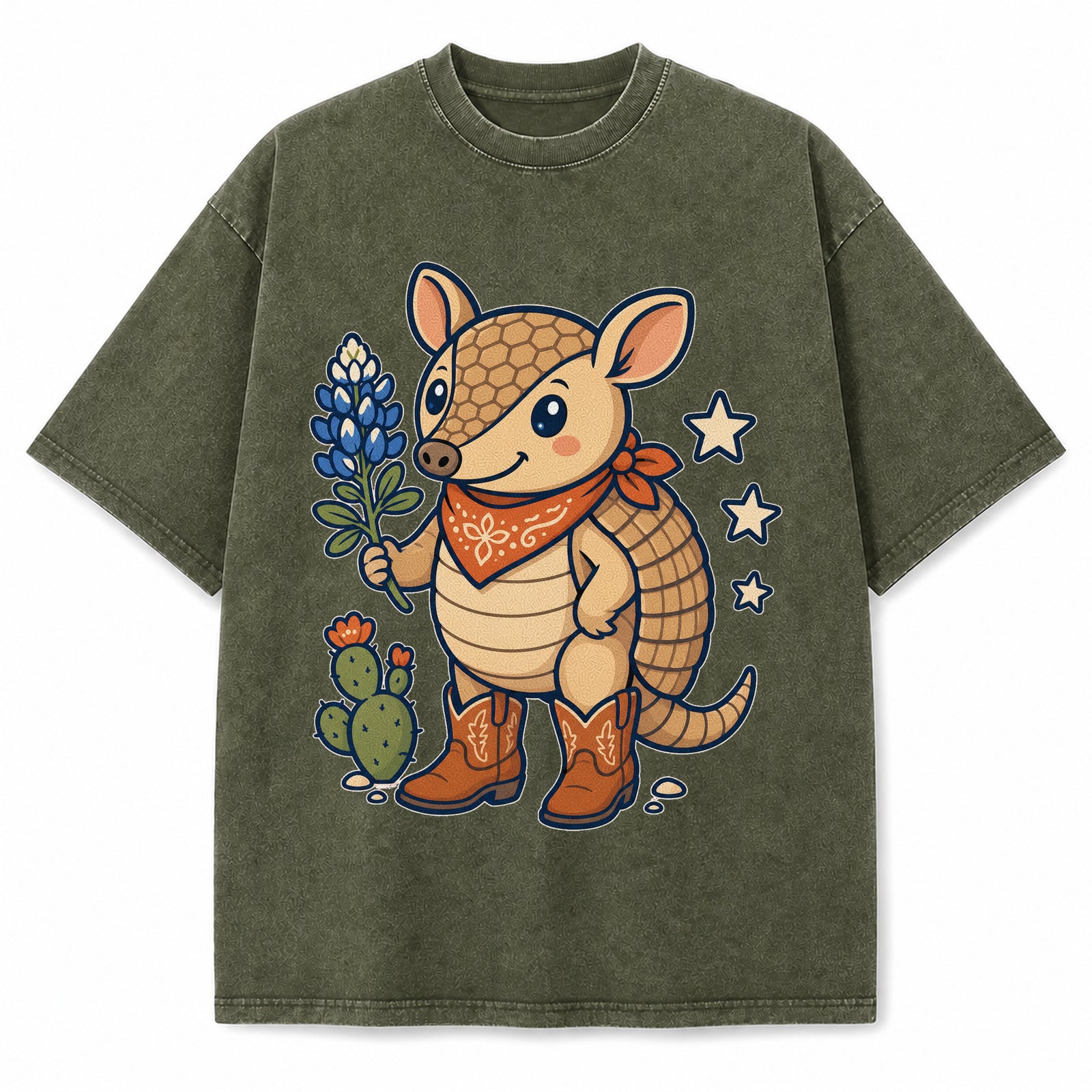 Texas Kawaii Boot Armadillo Washed Vintage Heavyweight T-Shirt in Military Green