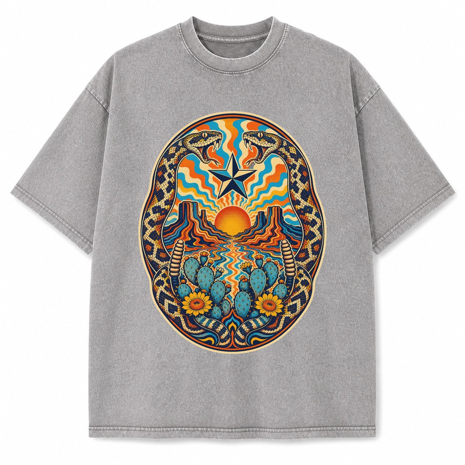 Texas Psychedelic Desert Portal Washed Vintage Heavyweight T-Shirt in Light Gray
