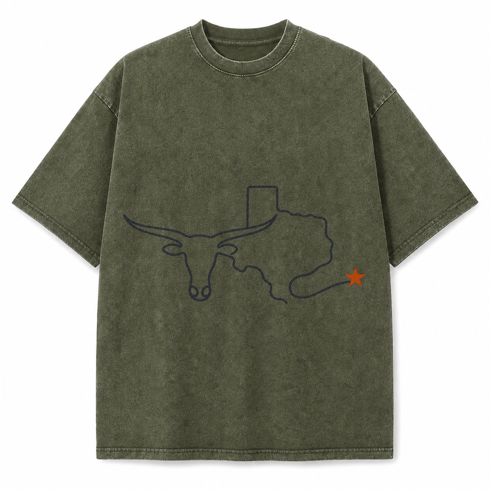 Monoline Longhorn Texas Washed Vintage Heavyweight T-Shirt in Military Green