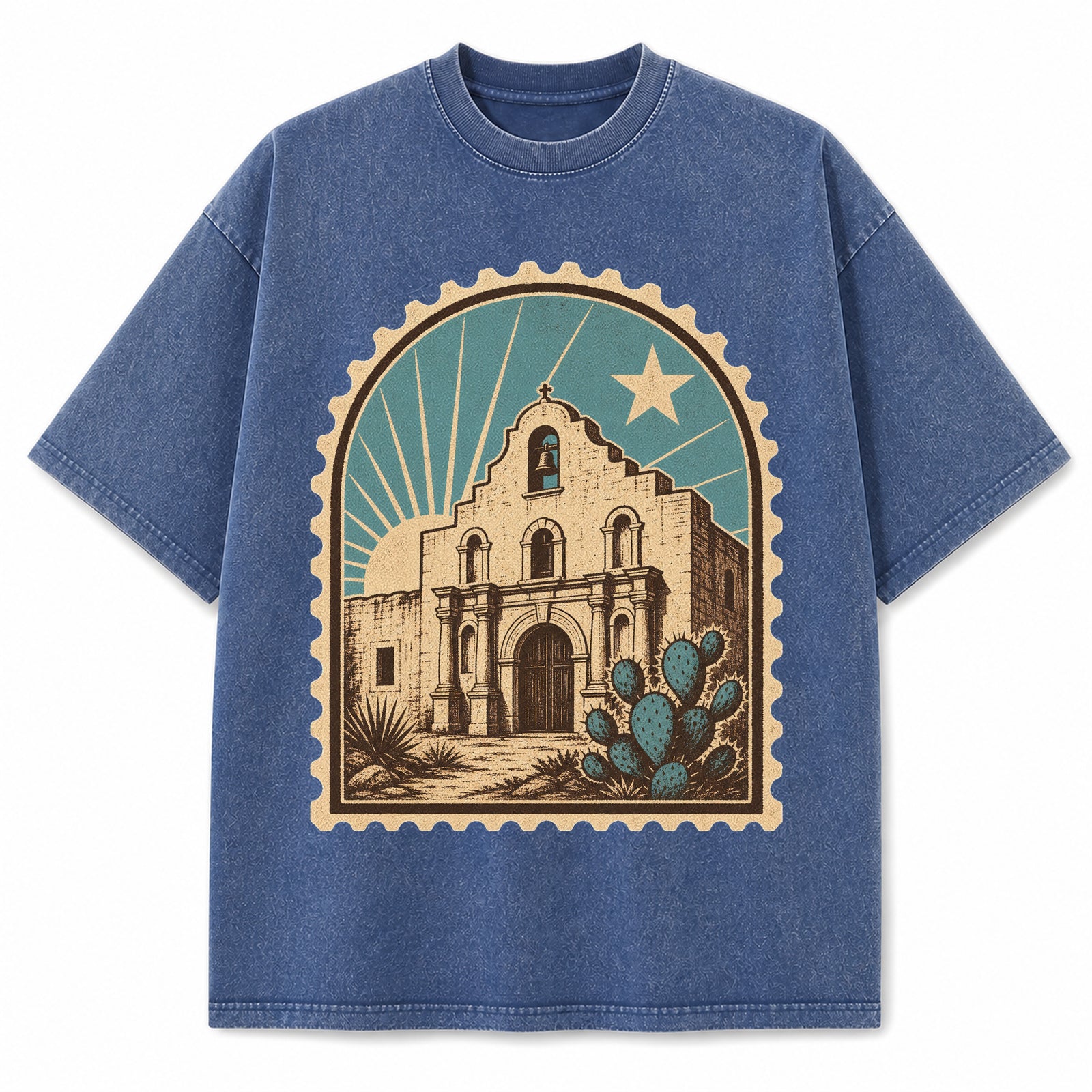 Texas Mission Travel Stamp Washed Vintage Heavyweight T-Shirt in Blue