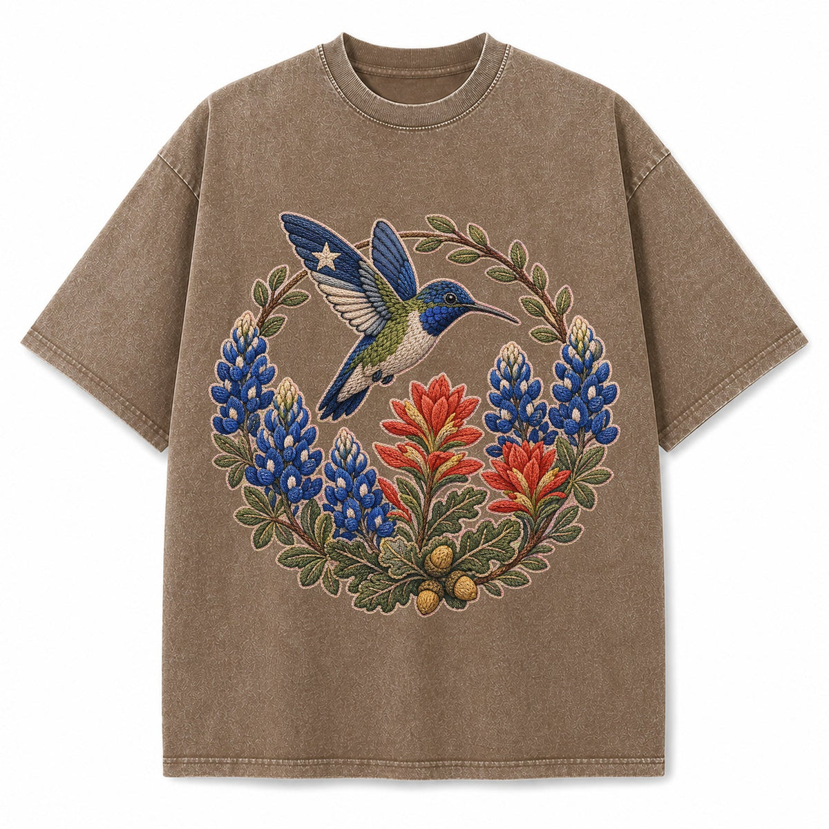 Vintage Washed Texas Bluebonnet Hummingbird Embroidery Heavyweight Graphic Tee in Vintage Washed Heavyweight T-Shirt, Brown