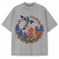 Texas Bluebonnet Hummingbird Embroidery Washed Vintage Heavyweight T-Shirt in Light Gray