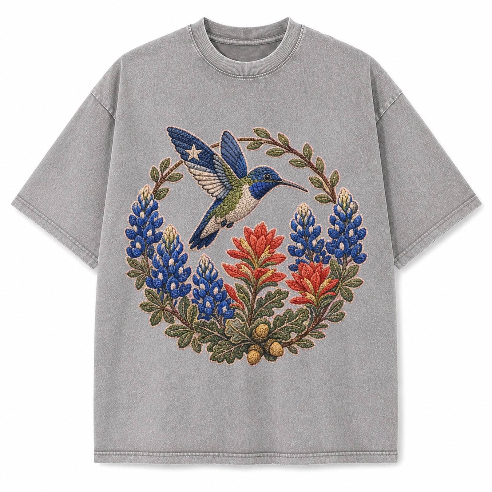 Texas Bluebonnet Hummingbird Embroidery Washed Vintage Heavyweight T-Shirt in Light Gray