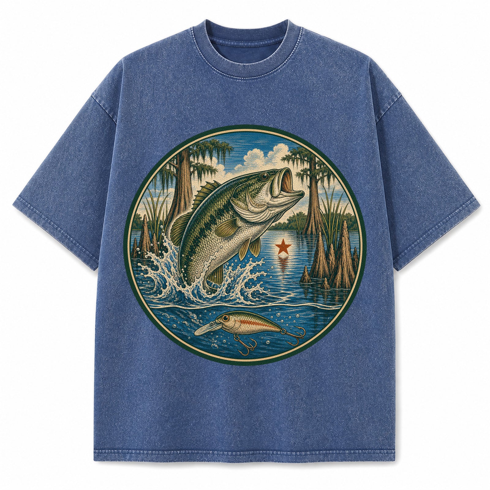 Texas Lake Bass Washed Vintage Heavyweight T-Shirt in Blue