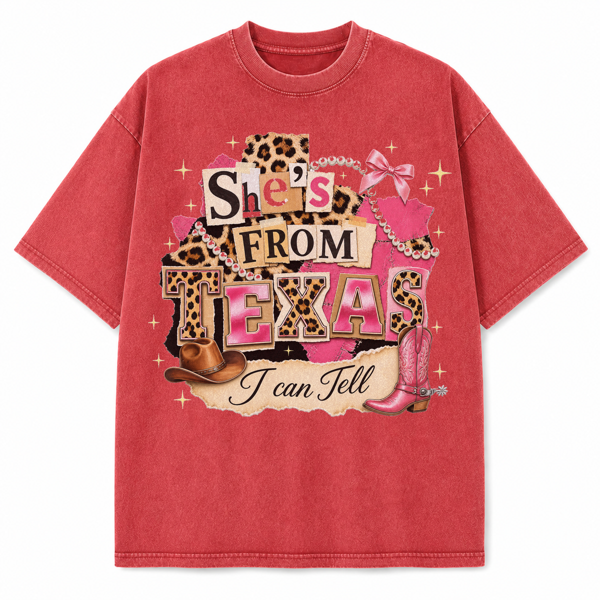She's From Texas Leopard Collage Graphic Tee & Sweatshirt — Vintage Washed Heavyweight T-Shirt, Vintage Red