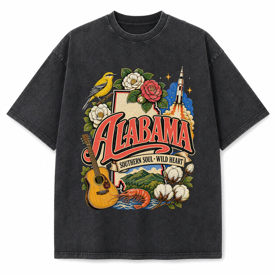 Colorful Alabama State Collage Washed Vintage T-Shirt in Black, front view on a white background