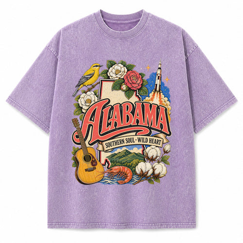 Colorful Alabama State Collage Washed Vintage T-Shirt in Purple, front view on a white background