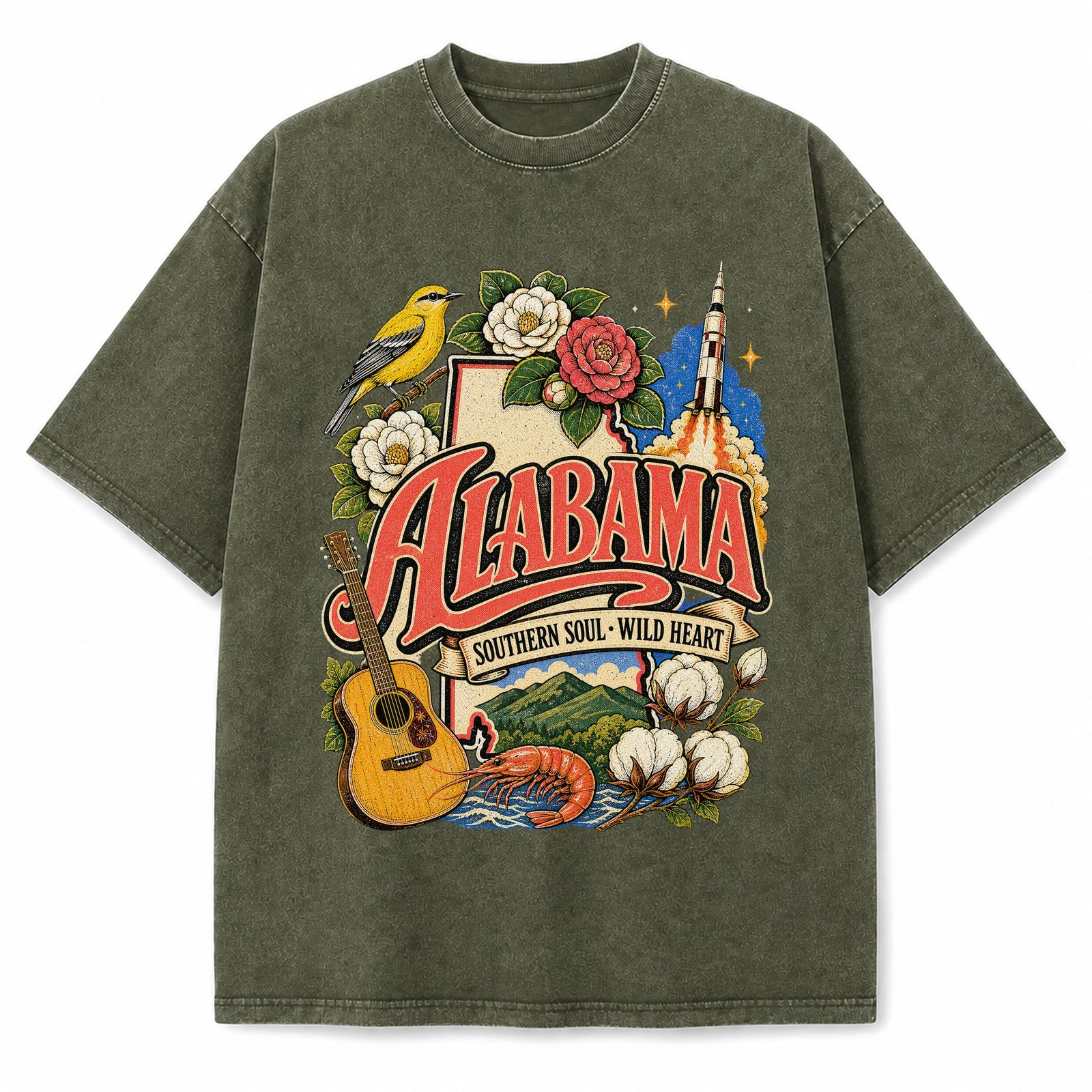 Colorful Alabama State Collage Washed Vintage T-Shirt in Military Green, front view on a white background