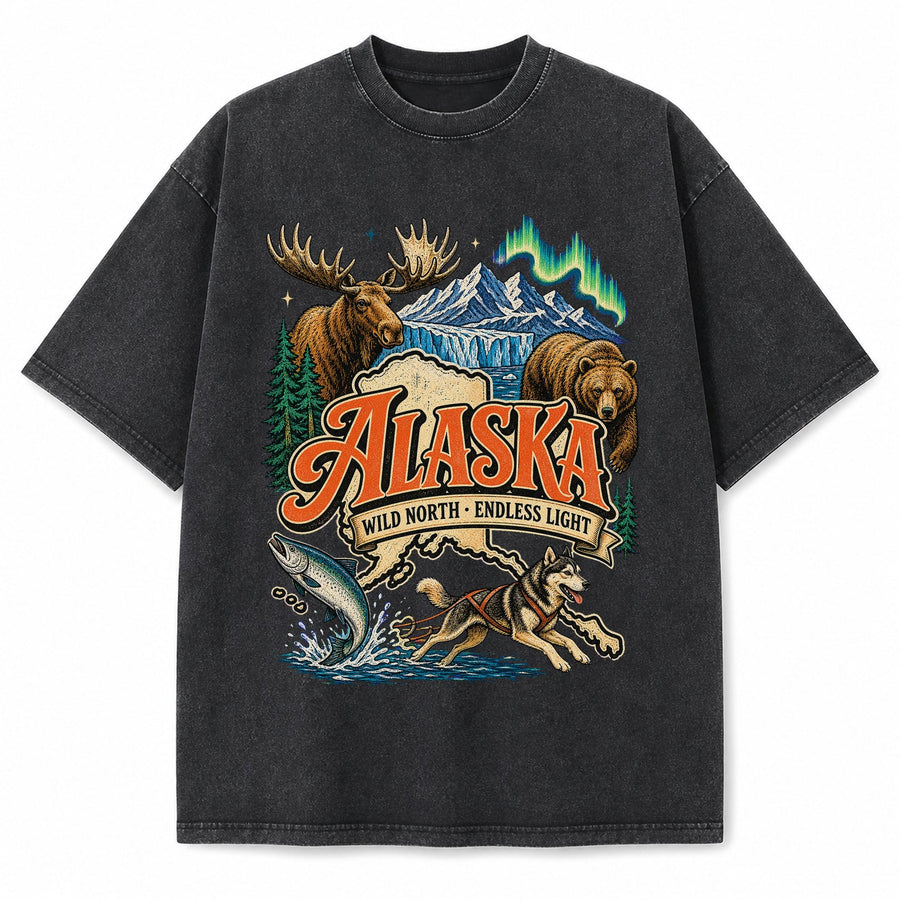 Colorful Alaska State Collage Washed Vintage T-Shirt in Black, front view on a white background