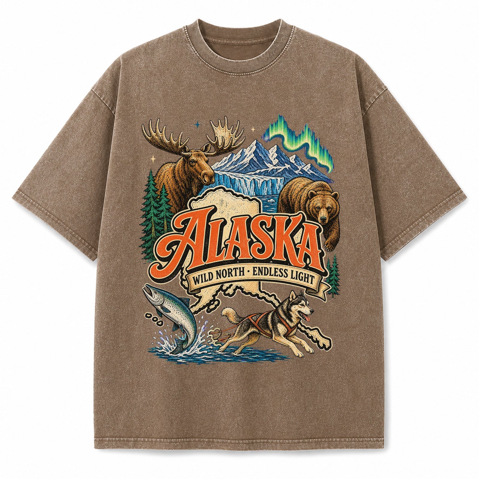 Colorful Alaska State Collage Washed Vintage T-Shirt in Brown, front view on a white background