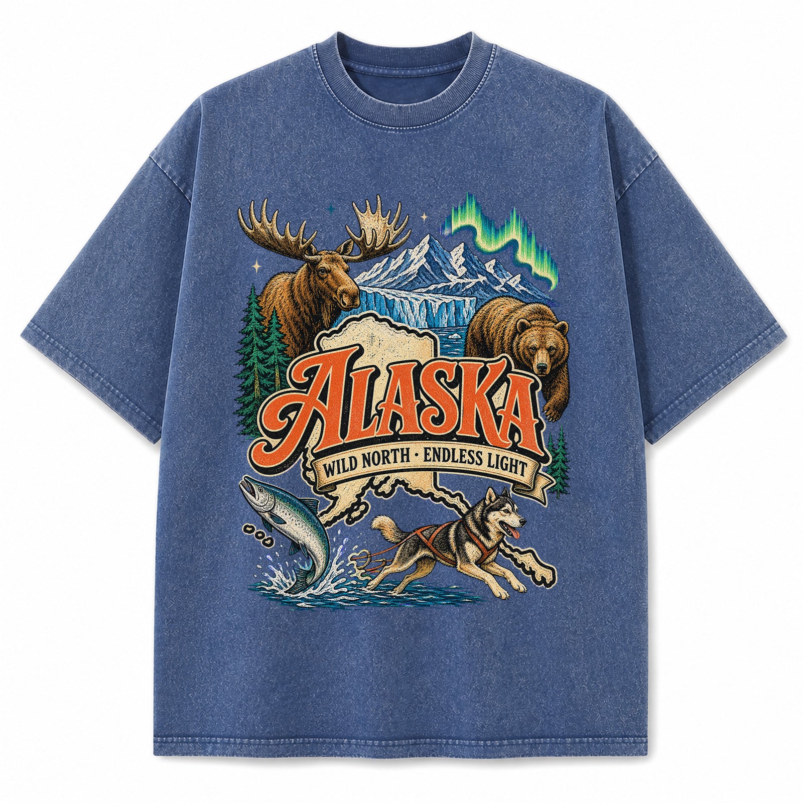 Colorful Alaska State Collage Washed Vintage T-Shirt in Blue, front view on a white background