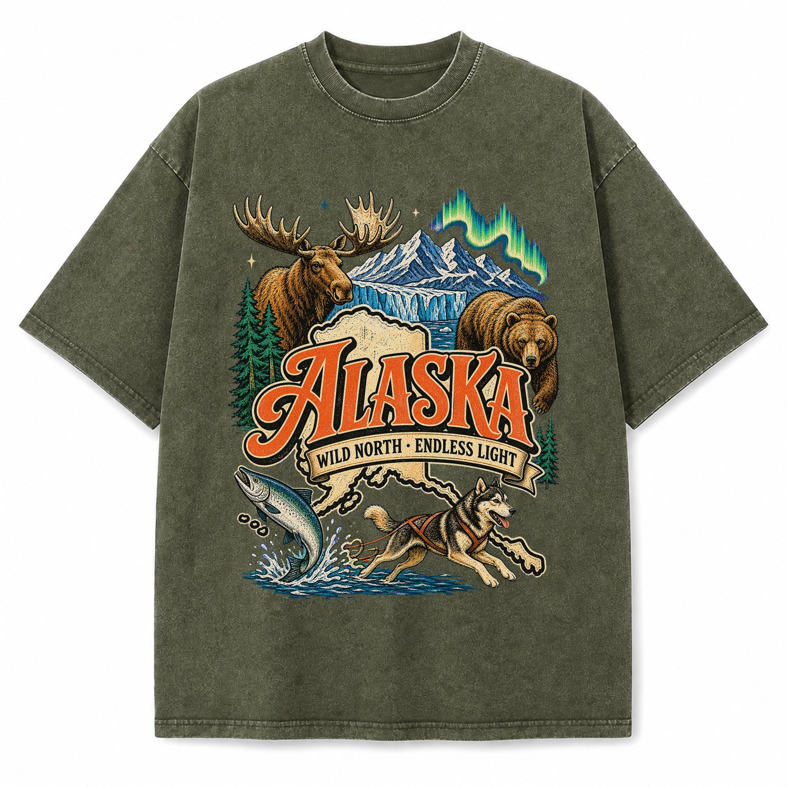 Colorful Alaska State Collage Washed Vintage T-Shirt in Military Green, front view on a white background