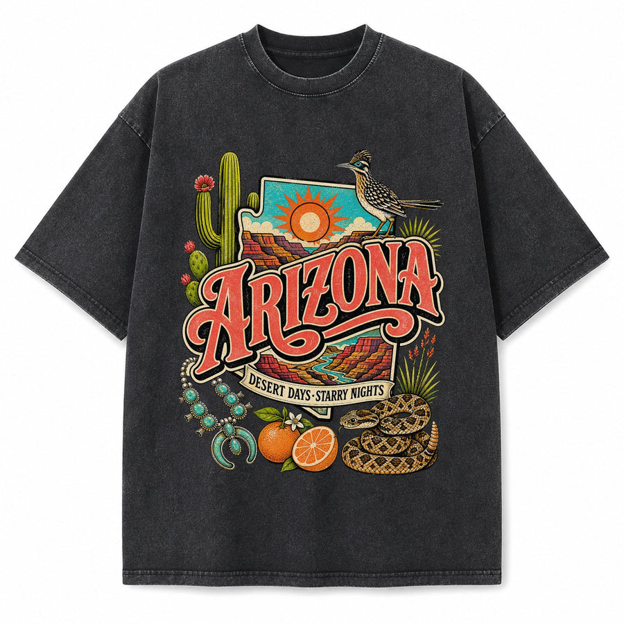 Colorful Arizona State Collage Washed Vintage T-Shirt in Black, front view on a white background