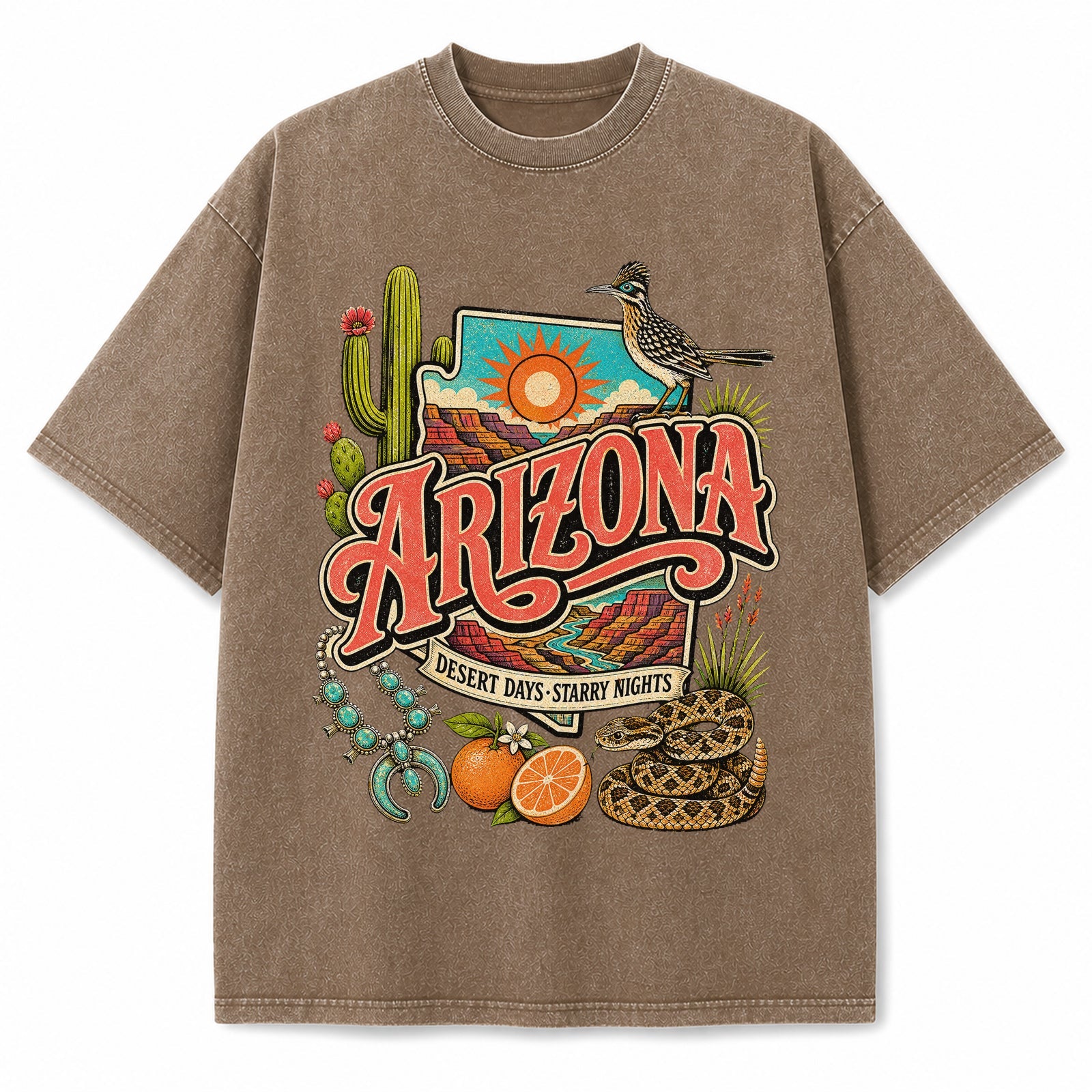 Colorful Arizona State Collage Washed Vintage T-Shirt in Brown, front view on a white background