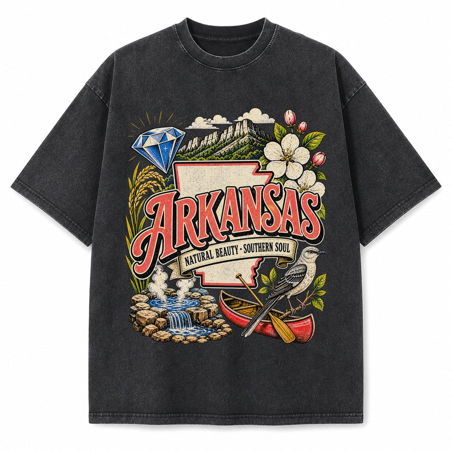 Colorful Arkansas State Collage Washed Vintage T-Shirt in Black, front view on a white background