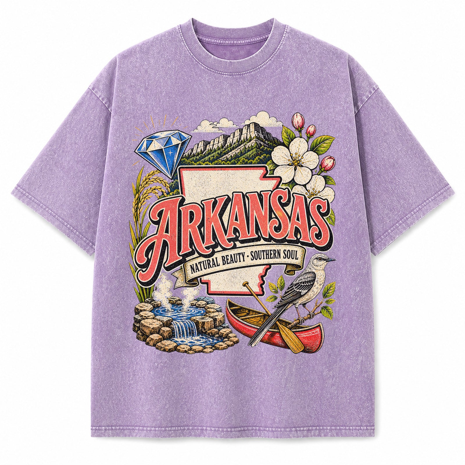 Colorful Arkansas State Collage Washed Vintage T-Shirt in Purple, front view on a white background
