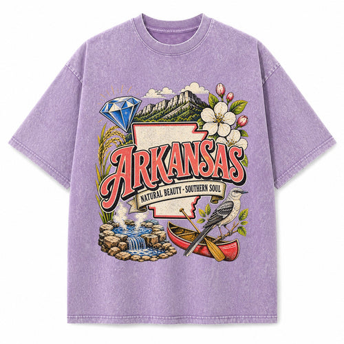 Colorful Arkansas State Collage Washed Vintage T-Shirt in Purple, front view on a white background