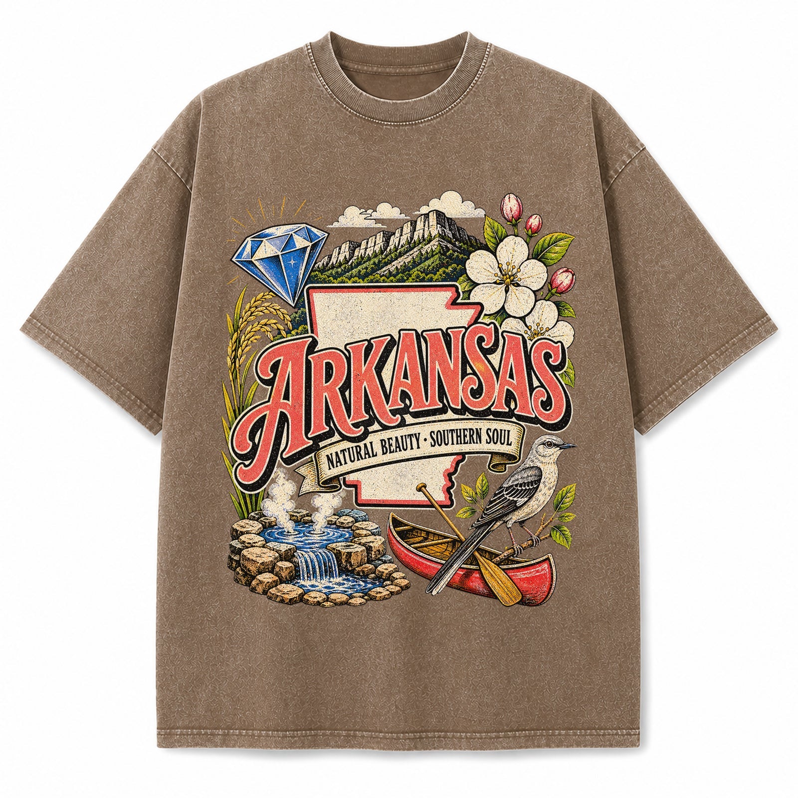 Colorful Arkansas State Collage Washed Vintage T-Shirt in Brown, front view on a white background