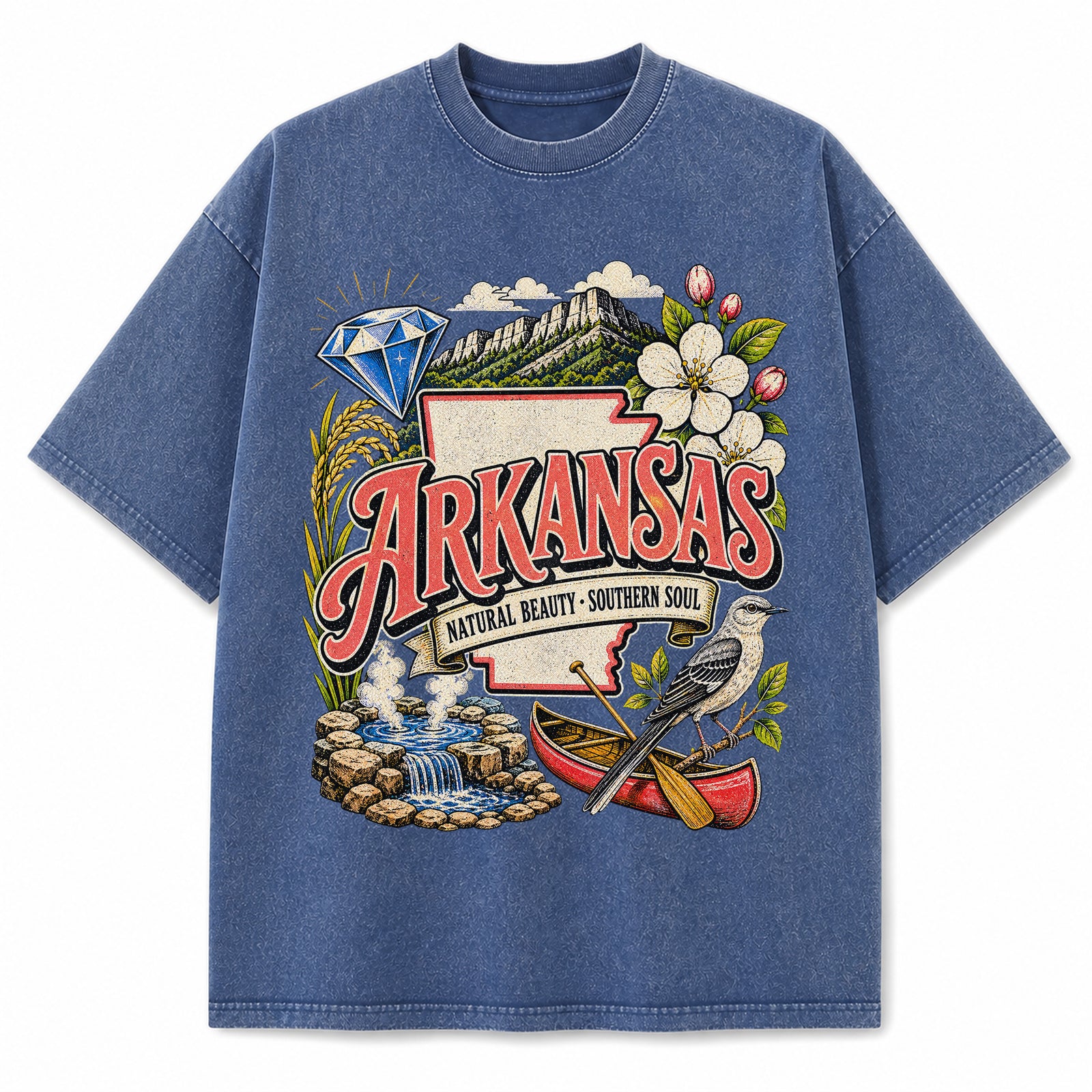 Colorful Arkansas State Collage Washed Vintage T-Shirt in Blue, front view on a white background