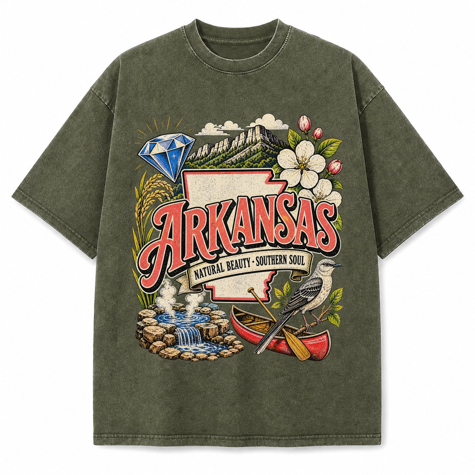 Colorful Arkansas State Collage Washed Vintage T-Shirt in Military Green, front view on a white background