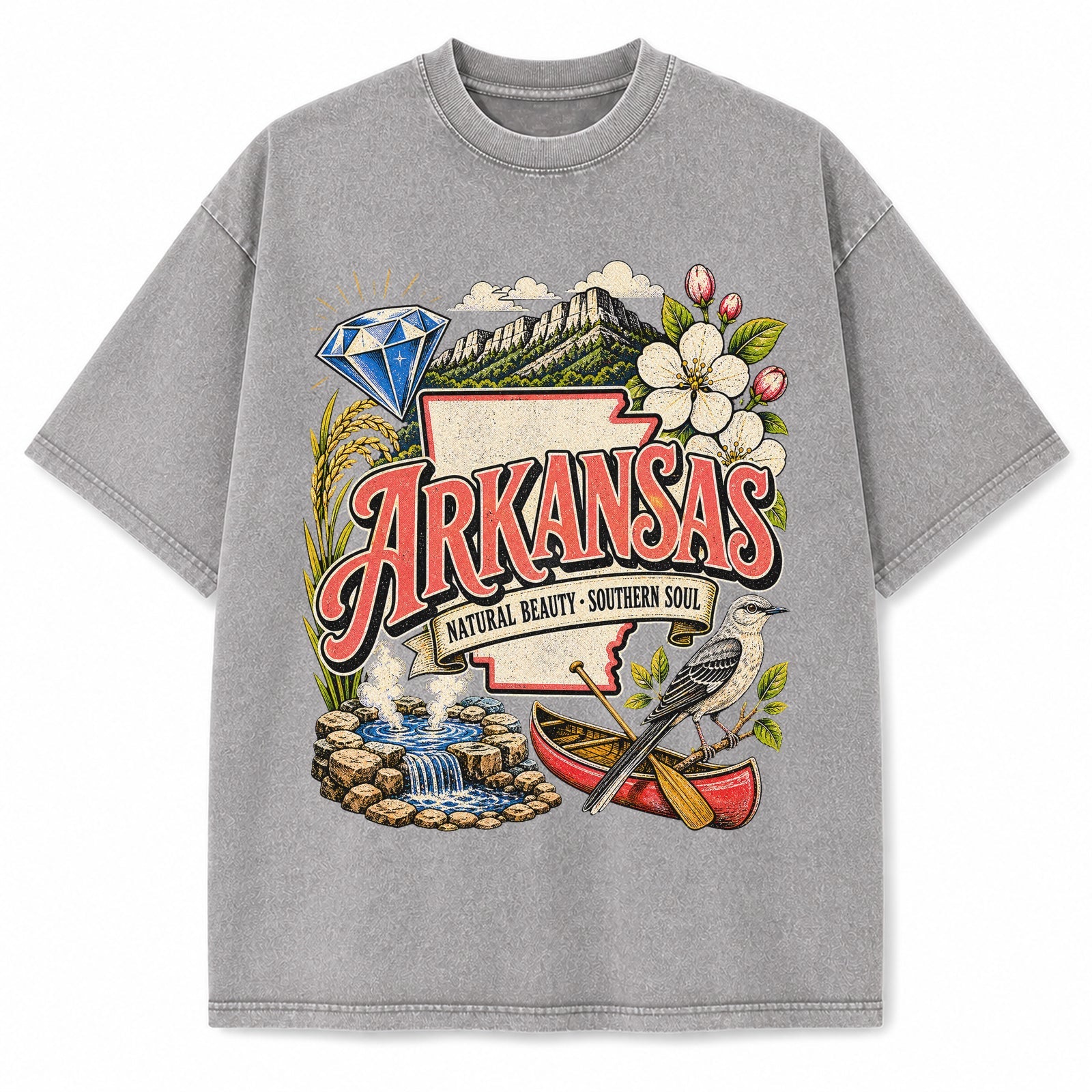 Colorful Arkansas State Collage Washed Vintage T-Shirt in Light Gray, front view on a white background