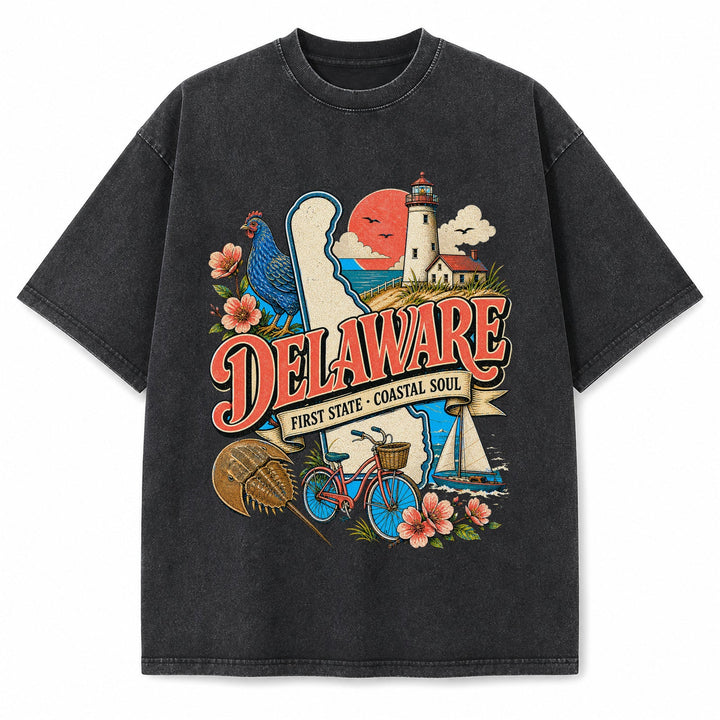 Colorful Delaware State Collage Washed Vintage T-Shirt in Black, front view on a white background