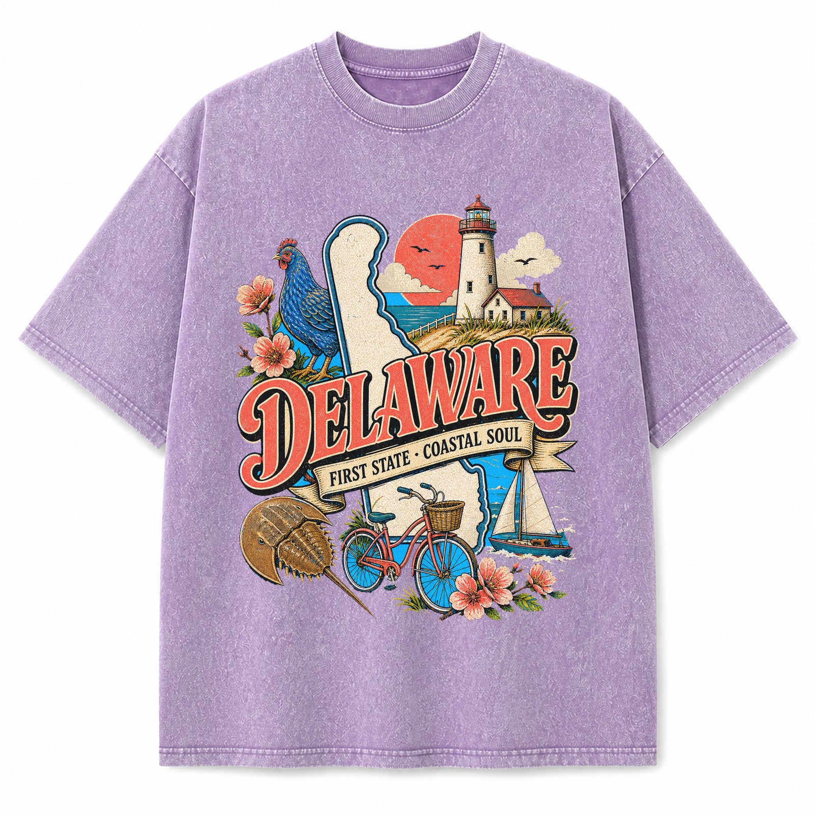 Colorful Delaware State Collage Washed Vintage T-Shirt in Purple, front view on a white background