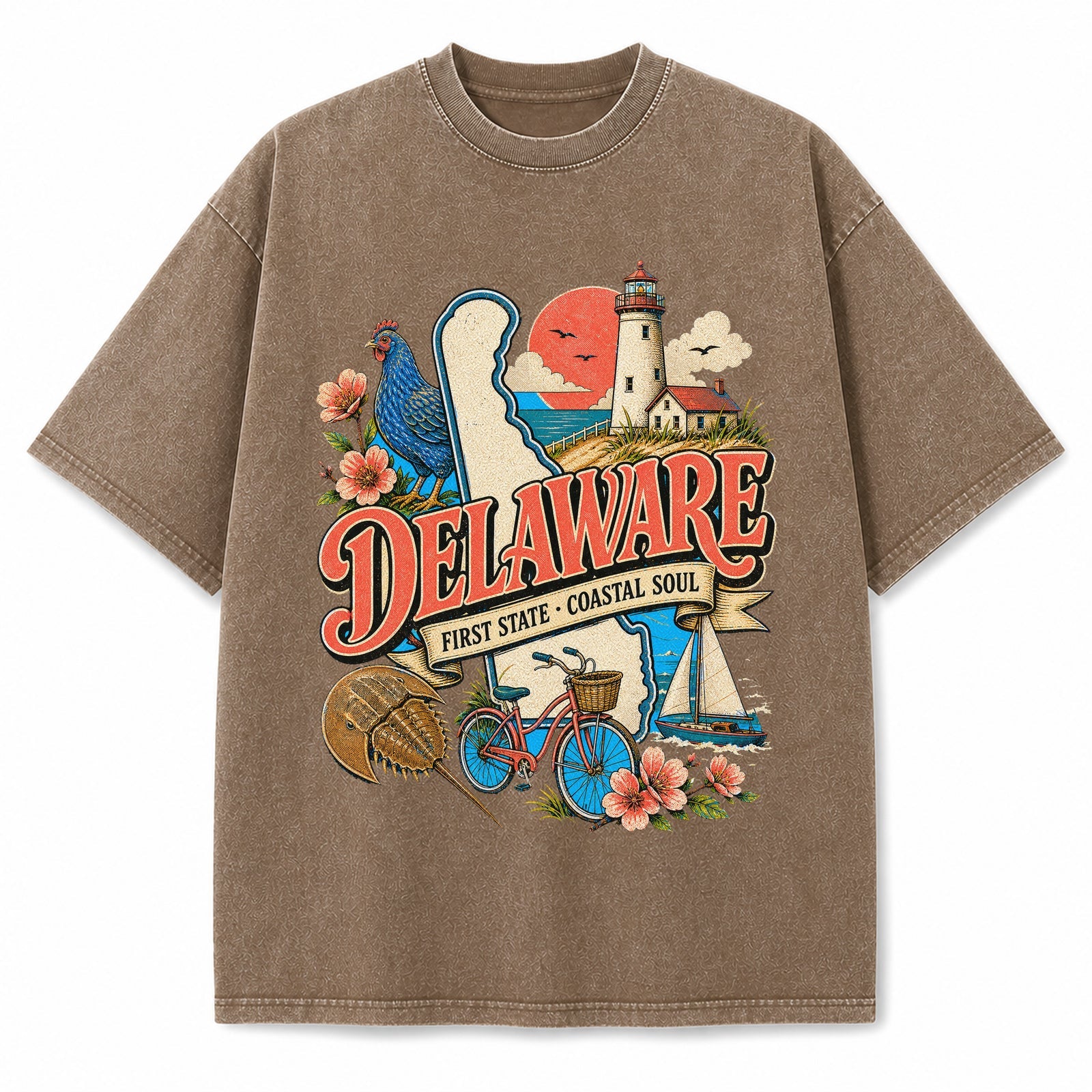 Colorful Delaware State Collage Washed Vintage T-Shirt in Brown, front view on a white background