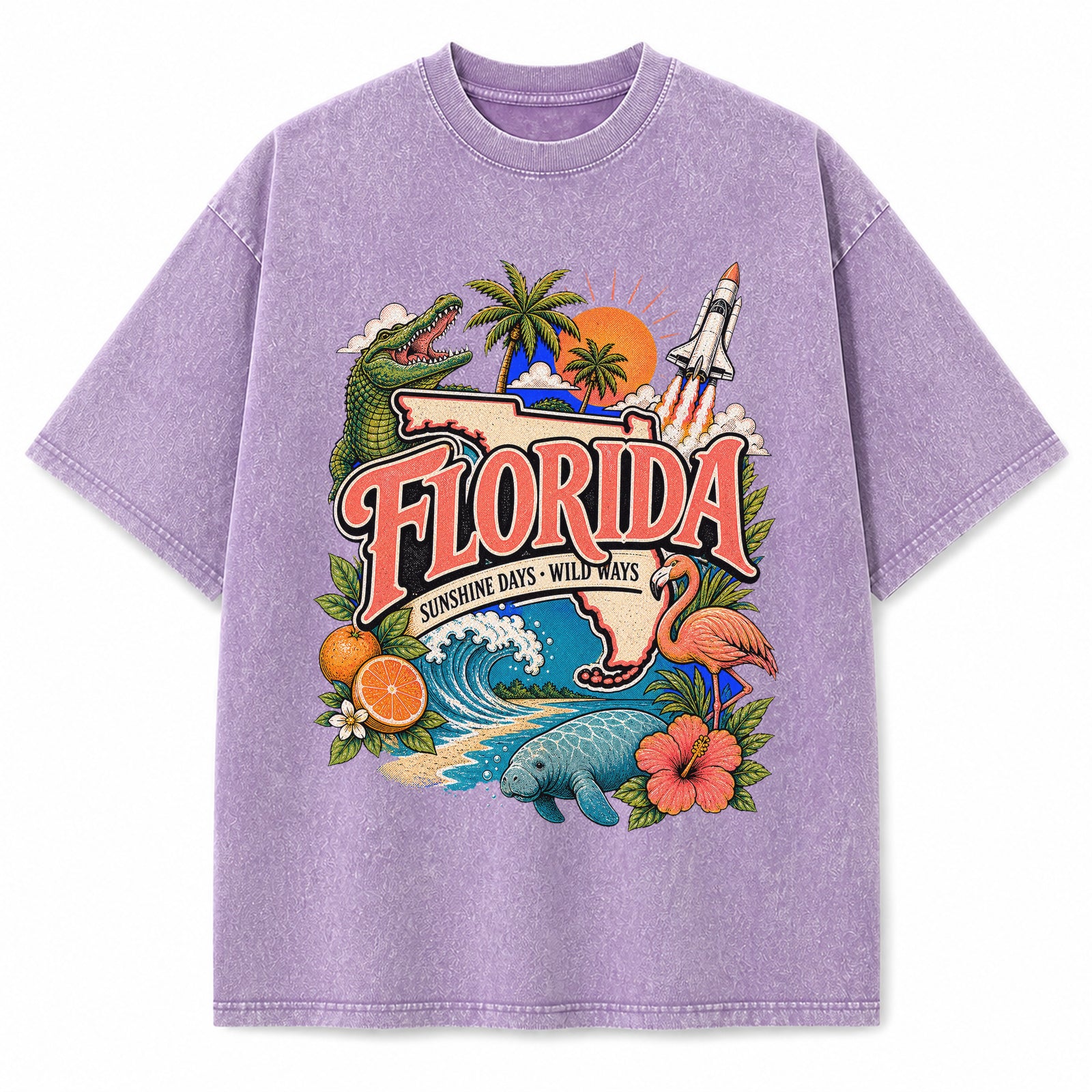 Colorful Florida State Collage Washed Vintage T-Shirt in Purple, front view on a white background