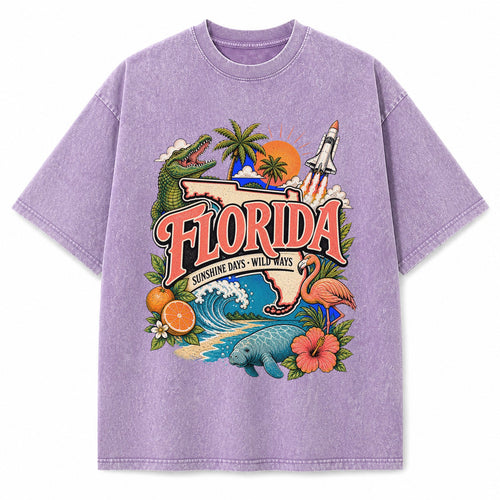 Colorful Florida State Collage Washed Vintage T-Shirt in Purple, front view on a white background