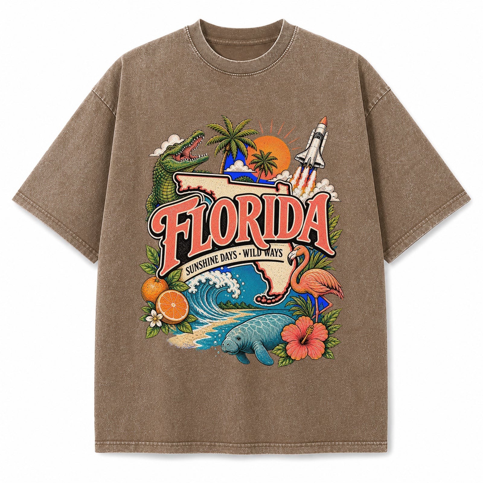 Colorful Florida State Collage Washed Vintage T-Shirt in Brown, front view on a white background