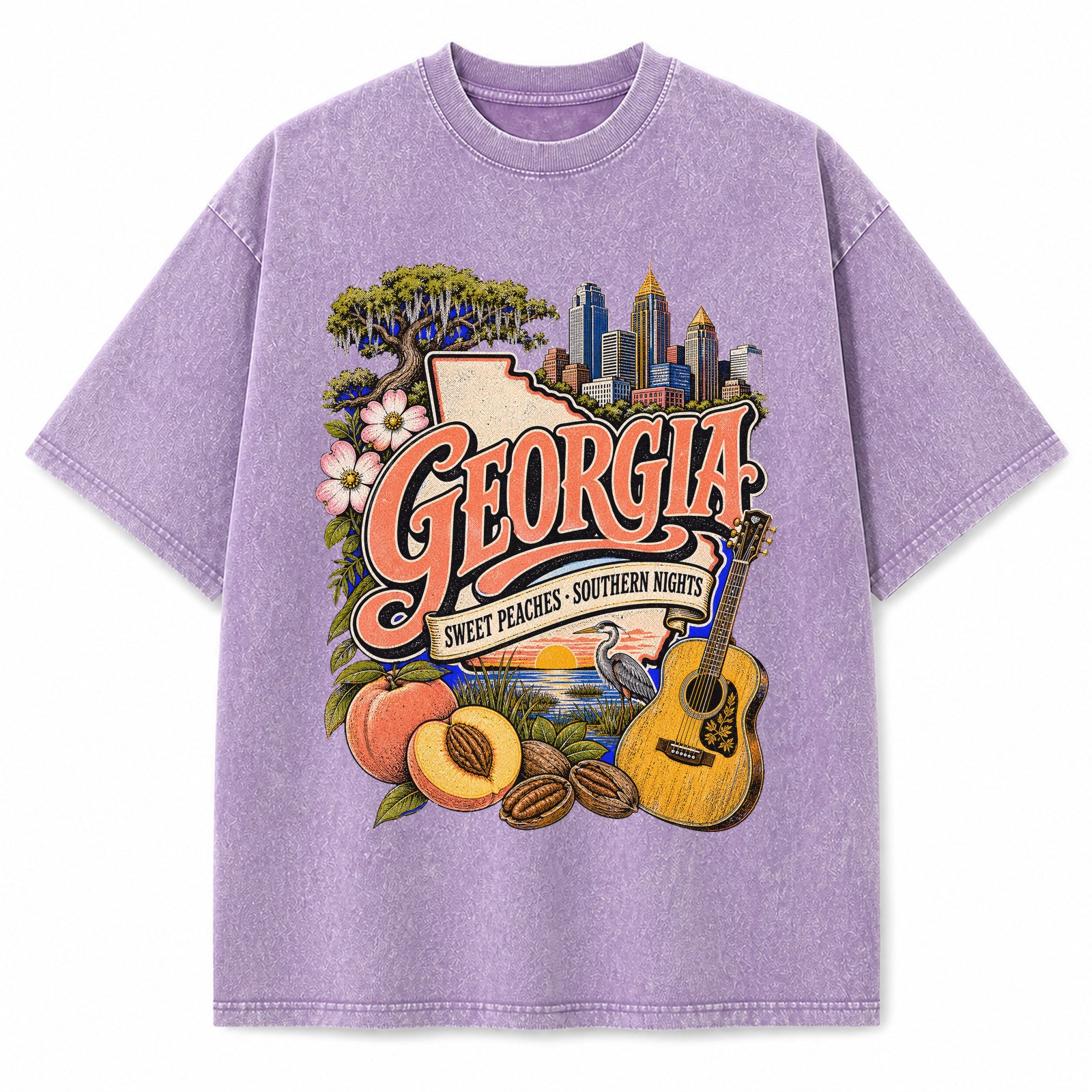 Colorful Georgia State Collage Washed Vintage T-Shirt in Purple, front view on a white background