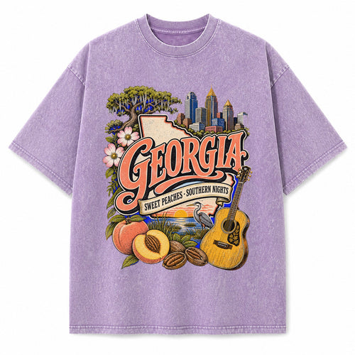 Colorful Georgia State Collage Washed Vintage T-Shirt in Purple, front view on a white background
