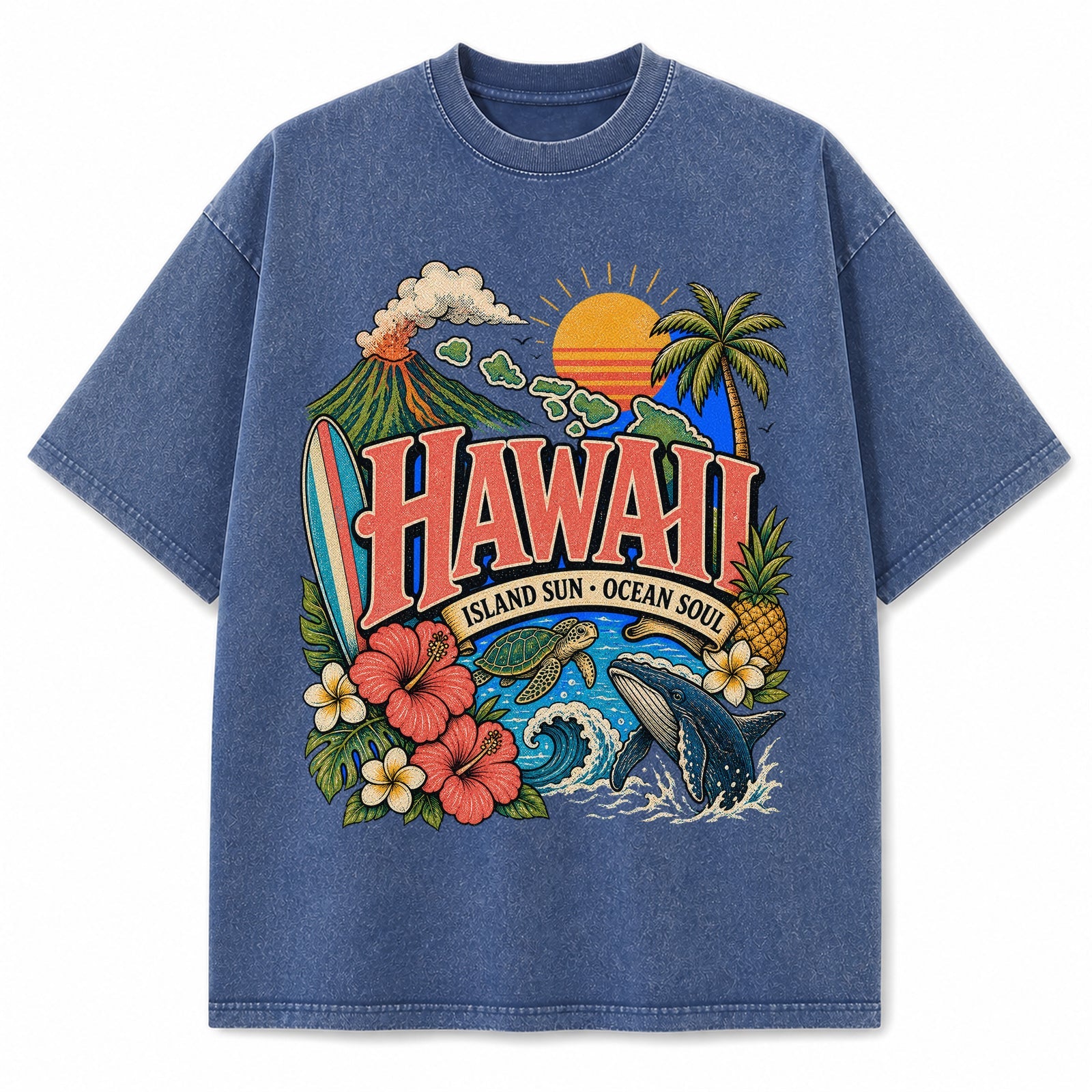 Colorful Hawaii State Collage Washed Vintage T-Shirt in Blue, front view on a white background