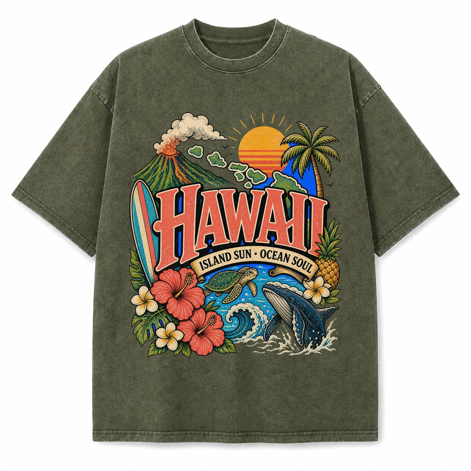 Colorful Hawaii State Collage Washed Vintage T-Shirt in Military Green, front view on a white background
