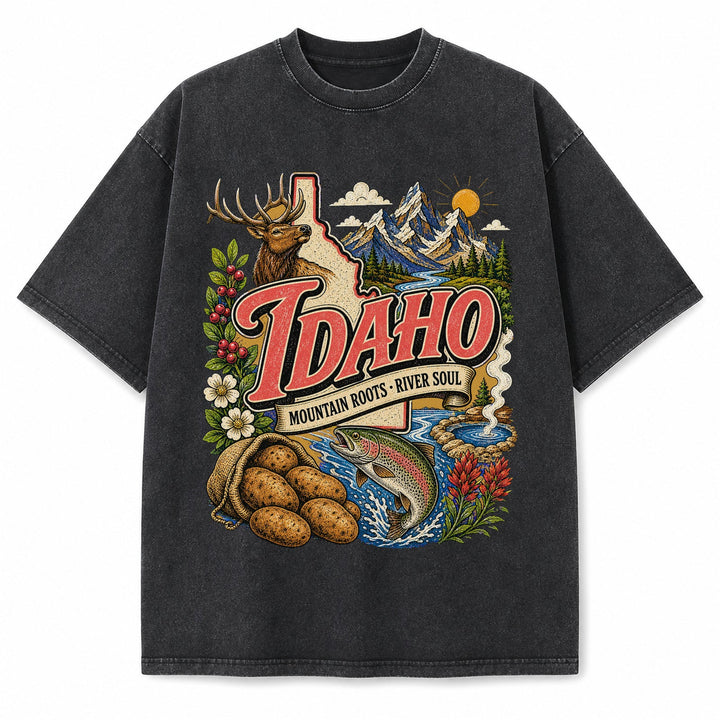 Colorful Idaho State Collage Washed Vintage T-Shirt in Black, front view on a white background