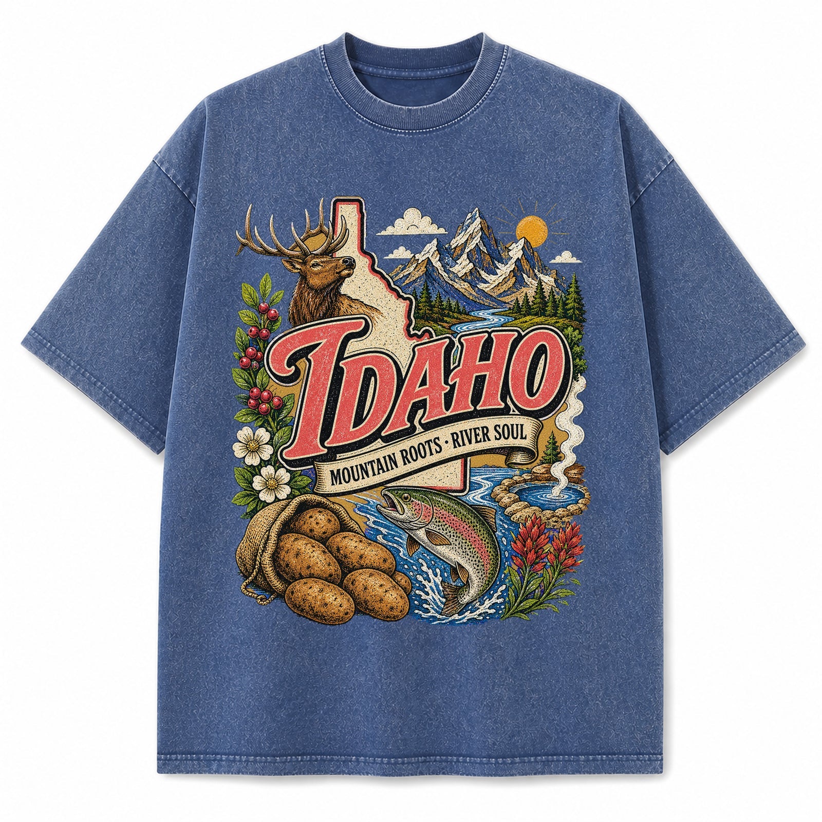 Colorful Idaho State Collage Washed Vintage T-Shirt in Blue, front view on a white background