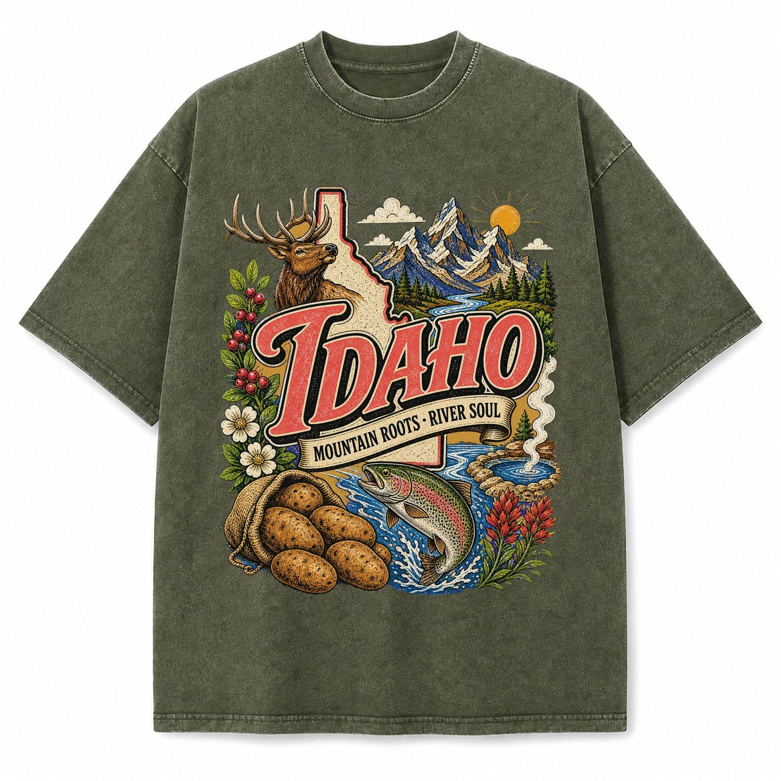 Colorful Idaho State Collage Washed Vintage T-Shirt in Military Green, front view on a white background