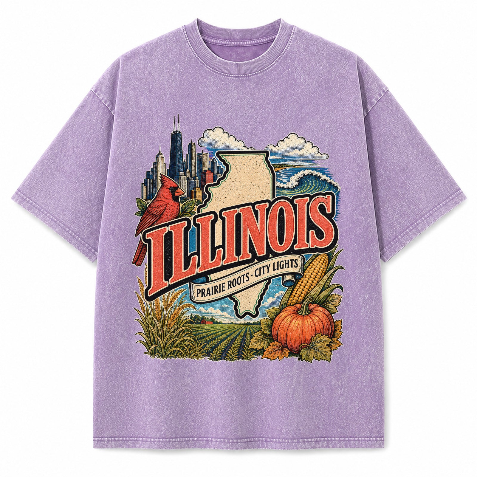 Colorful Illinois State Collage Washed Vintage T-Shirt in Purple, front view on a white background
