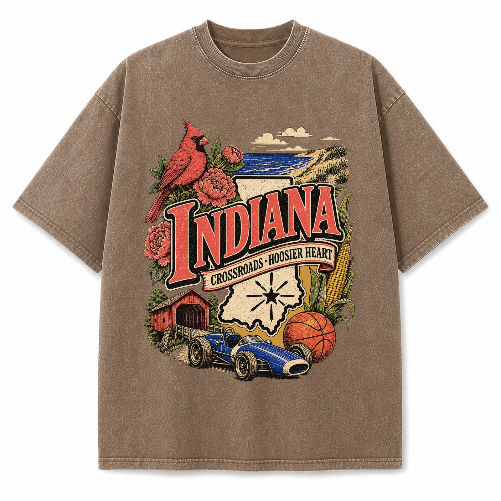 Colorful Indiana State Collage Washed Vintage T-Shirt in Brown, front view on a white background