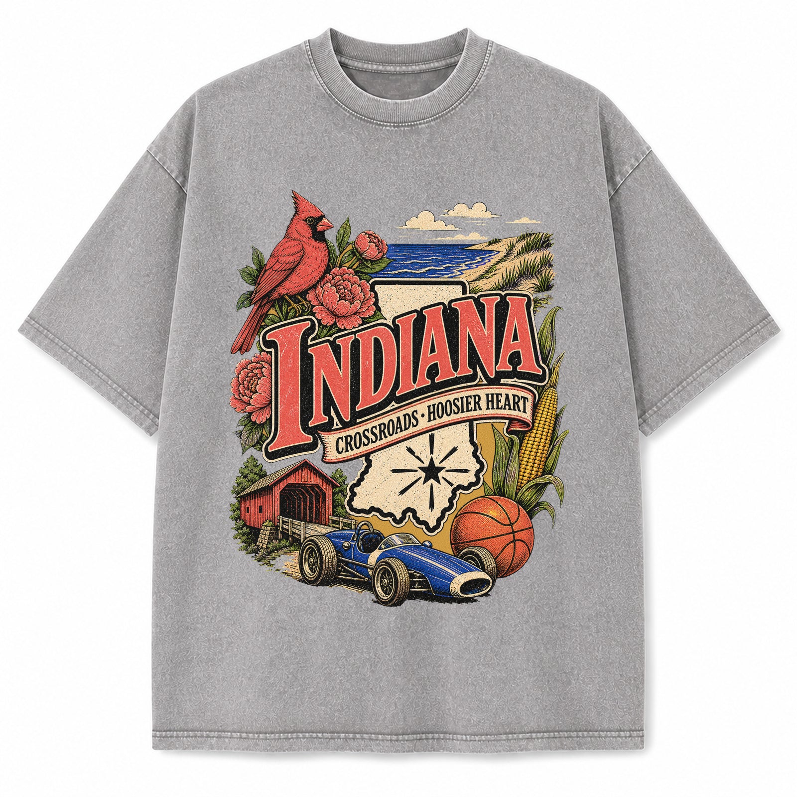 Colorful Indiana State Collage Washed Vintage T-Shirt in Light Gray, front view on a white background
