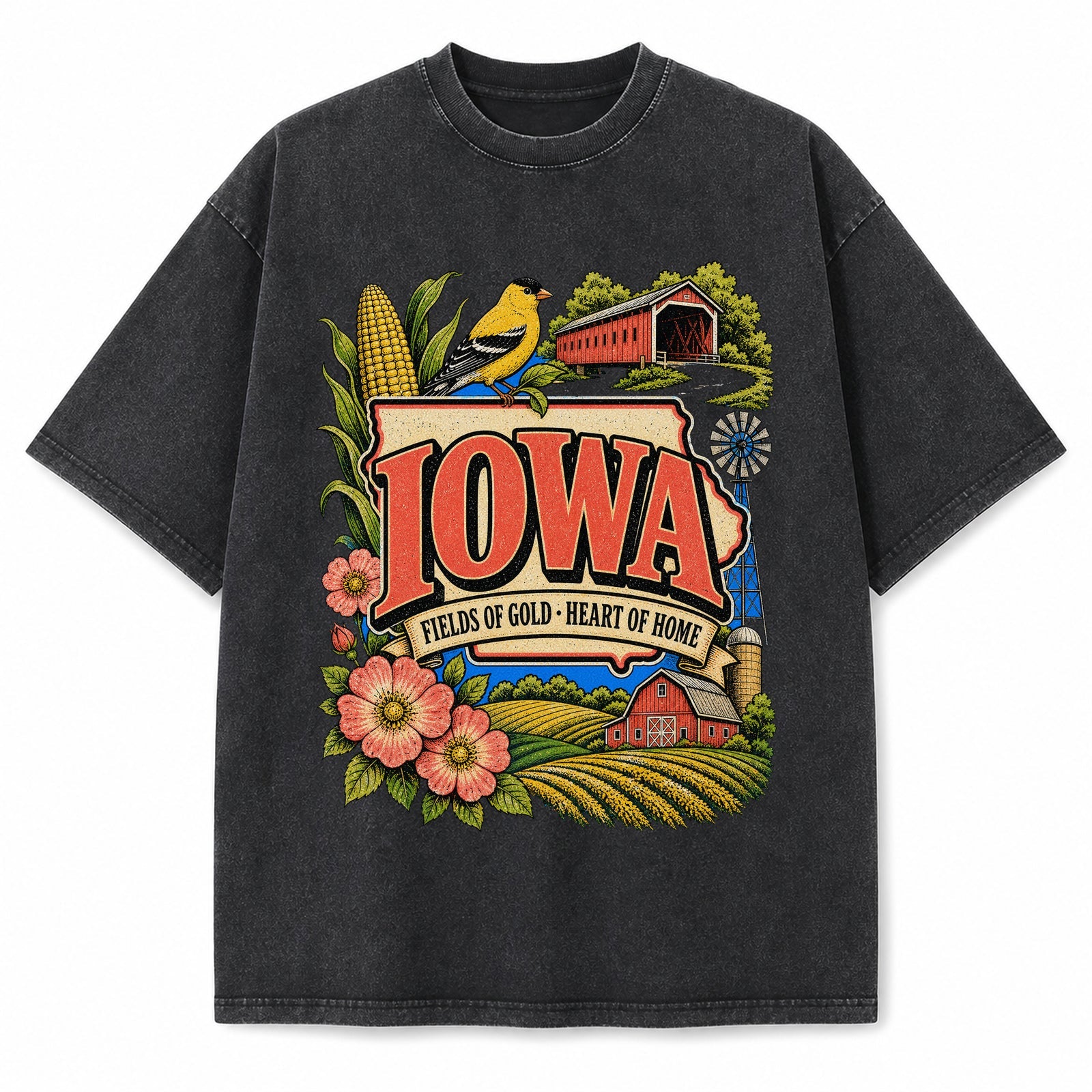 Colorful Iowa State Collage Washed Vintage T-Shirt in Black, front view on a white background