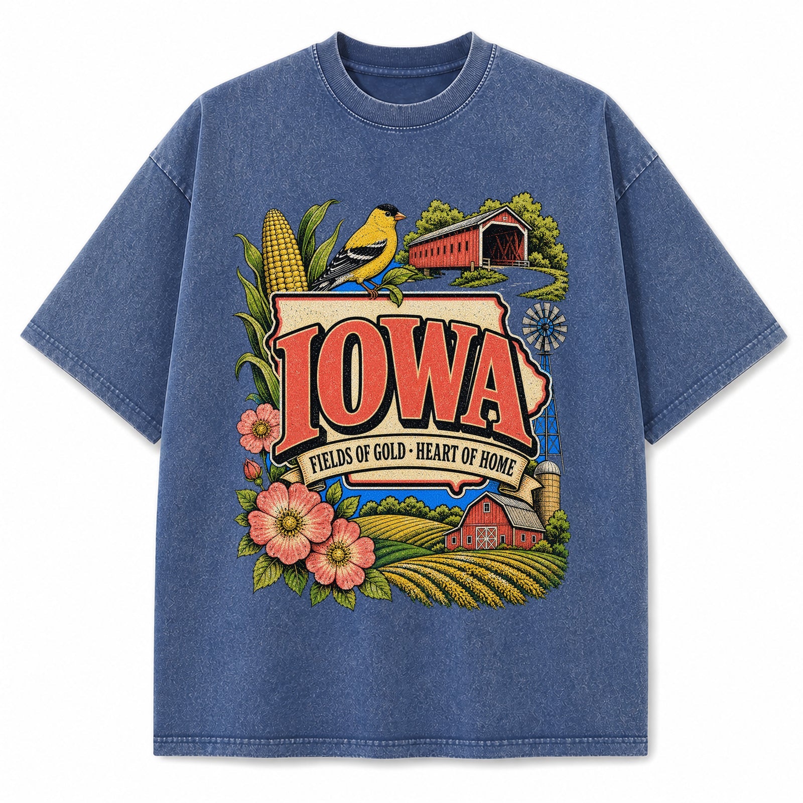Colorful Iowa State Collage Washed Vintage T-Shirt in Blue, front view on a white background