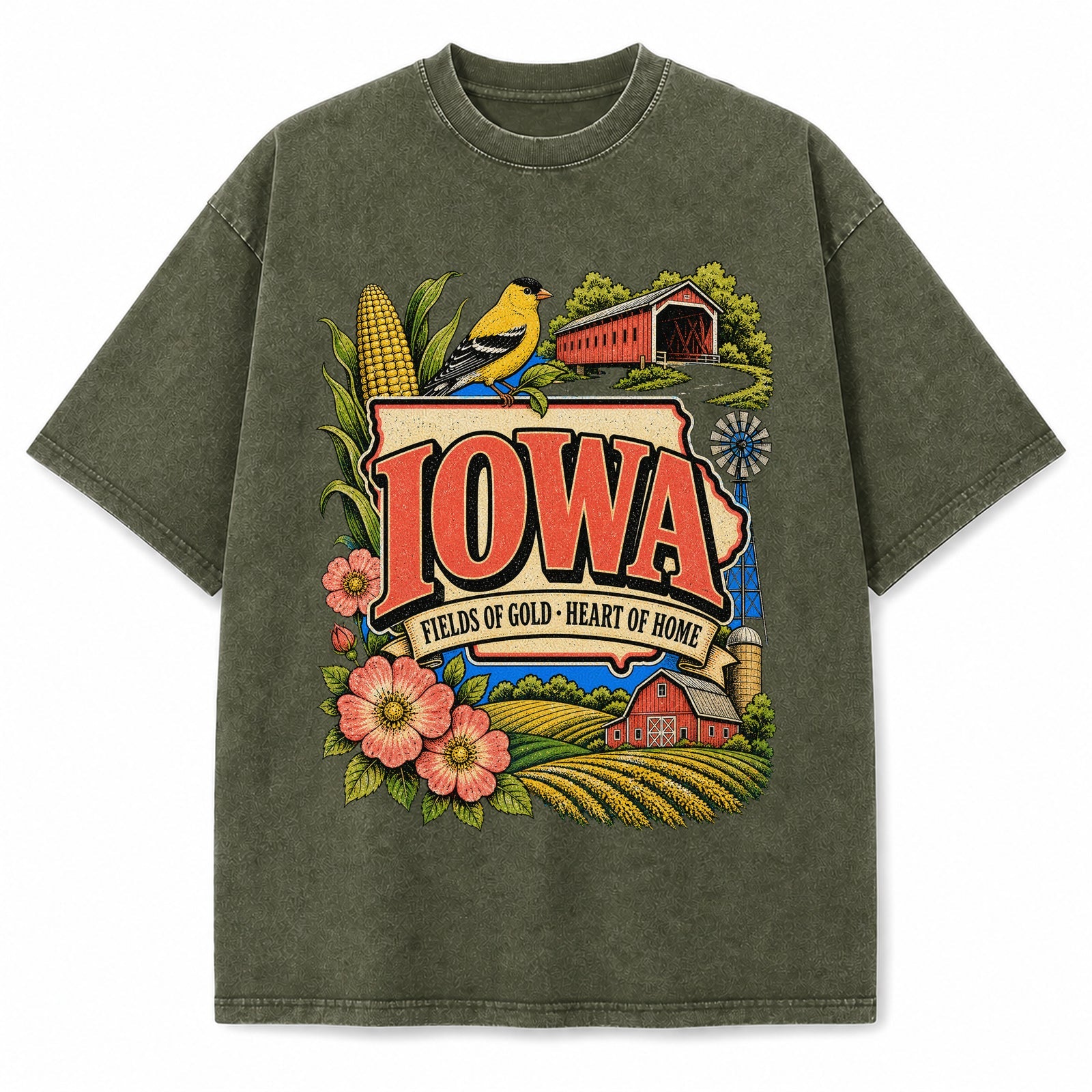 Colorful Iowa State Collage Washed Vintage T-Shirt in Military Green, front view on a white background