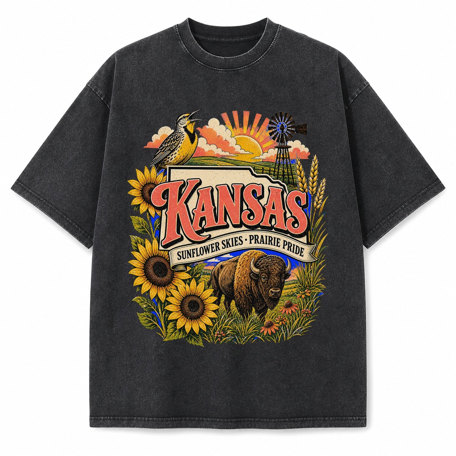 Colorful Kansas State Collage Washed Vintage T-Shirt in Black, front view on a white background
